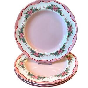 4 PINKMAS Dinner Plates Pink Bows Christmas Tree Holly 11" Porcelain 222 Fifth
